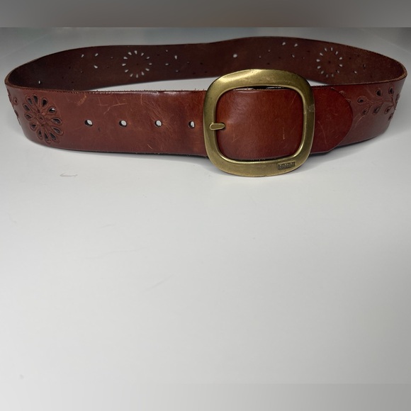 Vintage Ralph Lauren Leather Floral Brass Logo Buckle Belt Embroidery eyelash - Picture 2 of 5